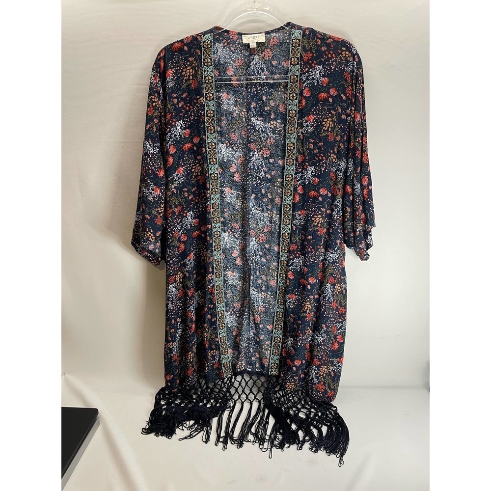 Knox Rose Navy Floral Beaded Short Sleeve Kimono Fringe Size Large